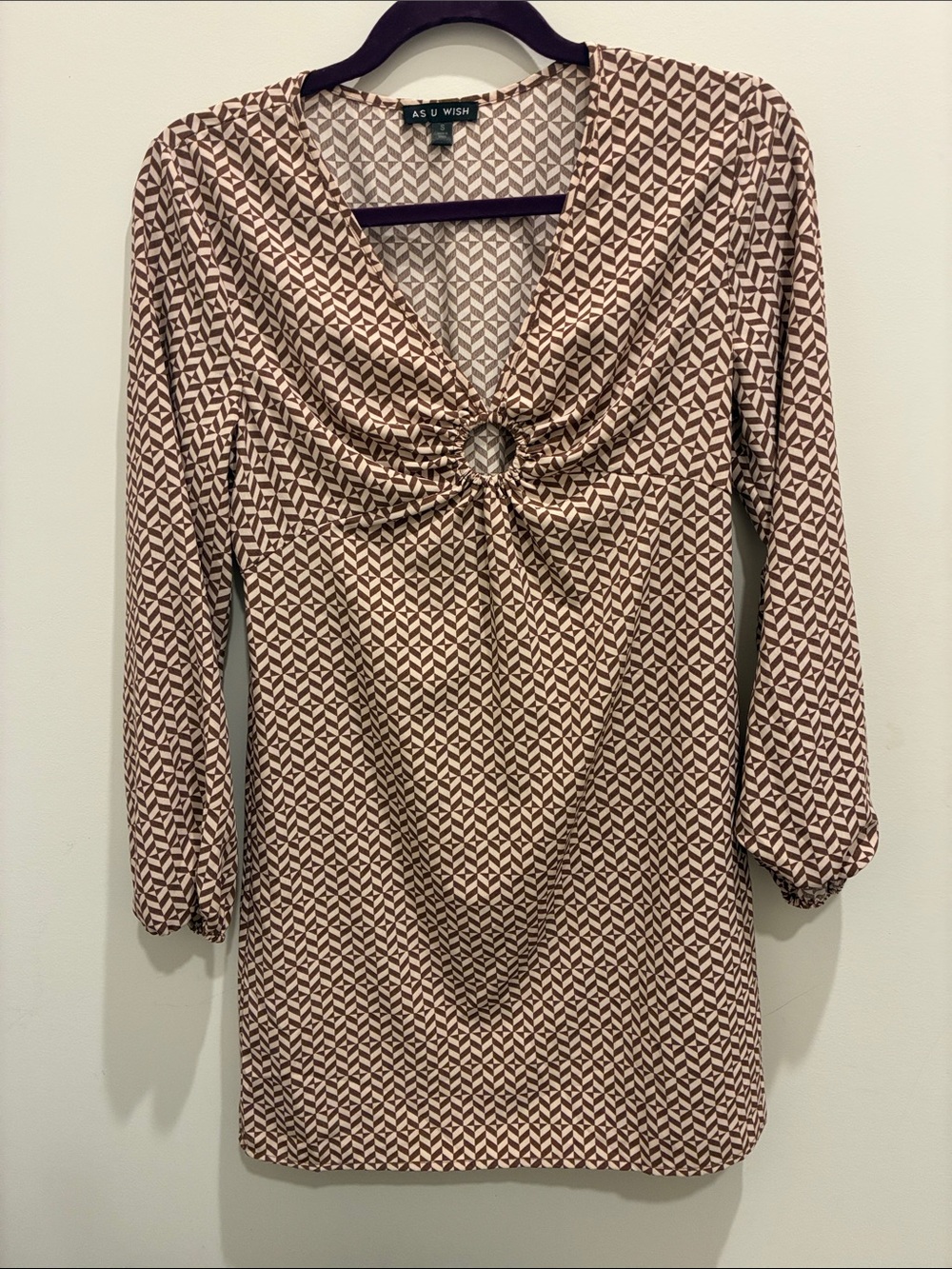 As U Wish Geo Print Ring Front Ruched Mini Dress Brown/Cream Retro 70s Vibes